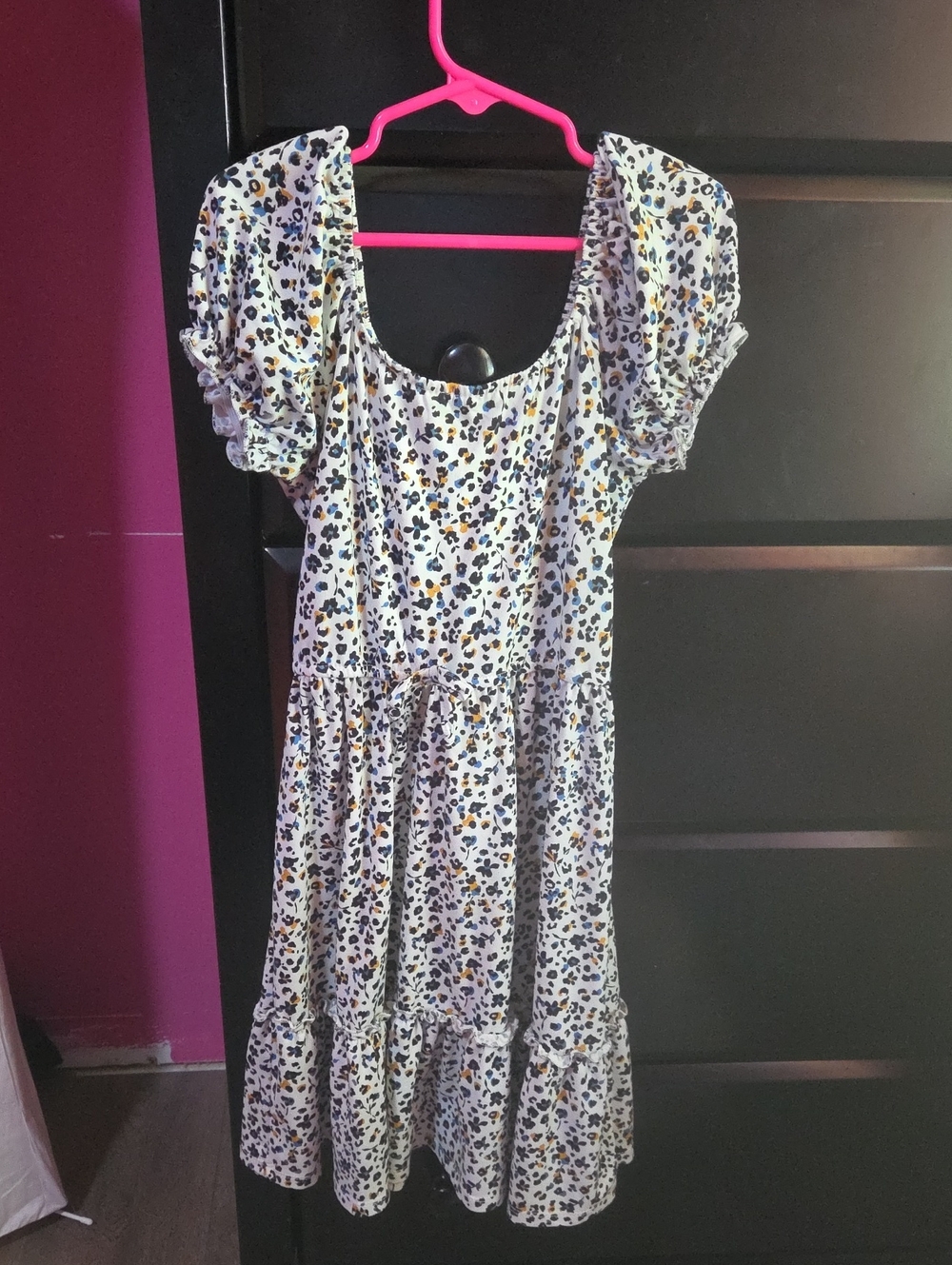 Trixxi White Floral-Leopard Puff Sleeve Tiered Dress w/ Black,Yellow& Blue Spots
